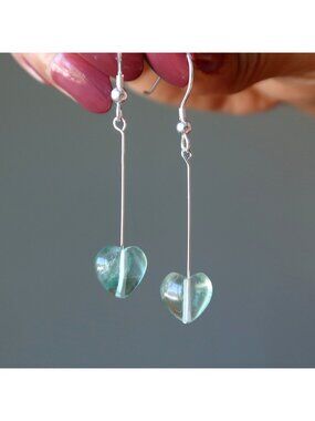 Green Fluorite Heart Earrings Sterling Silver Dangle Drop Mind Healing Crystal